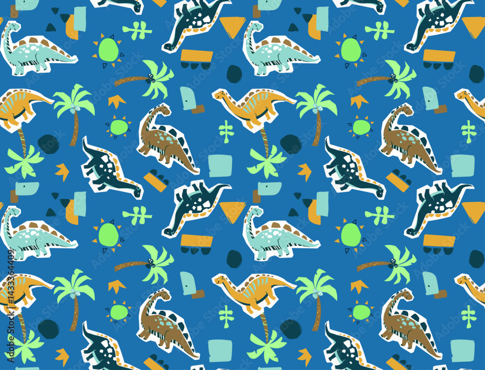 Obraz premium Seamless pattern with cute cutout dinosaurs and palm trees on blue background for kids textile design.