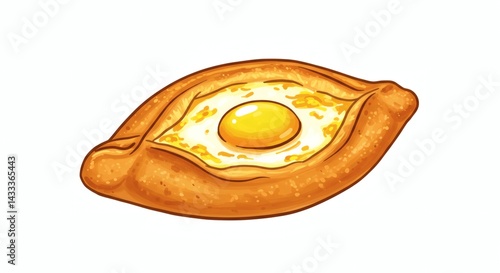 A cartoon illustration of khachapuri with cheese and egg on a white background illustration