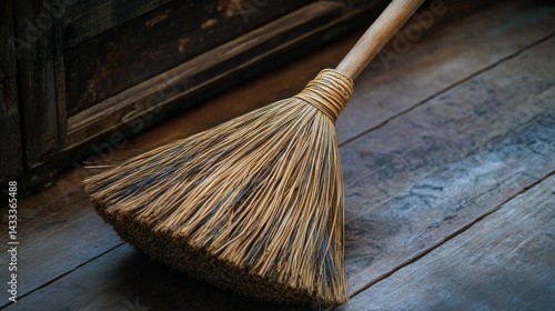 Wallpaper Mural A rustic straw broom laying diagonally on wooden floor boards Torontodigital.ca