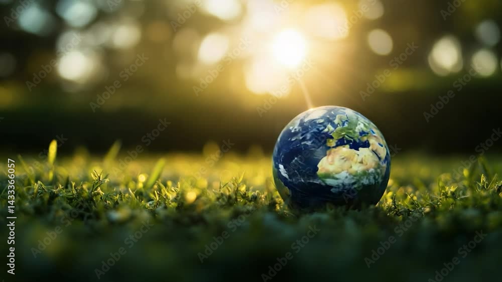 Earth resting on green grass under a glowing sunset, symbolizing nature's beauty Earth resting on green grass under a glowing sunset, symbolizing nature's beauty