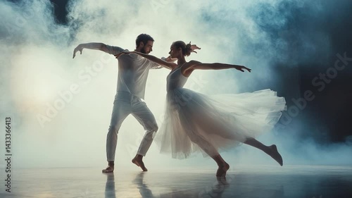 Elegant ballet dancers performing in a misty studio with dramatic lighting