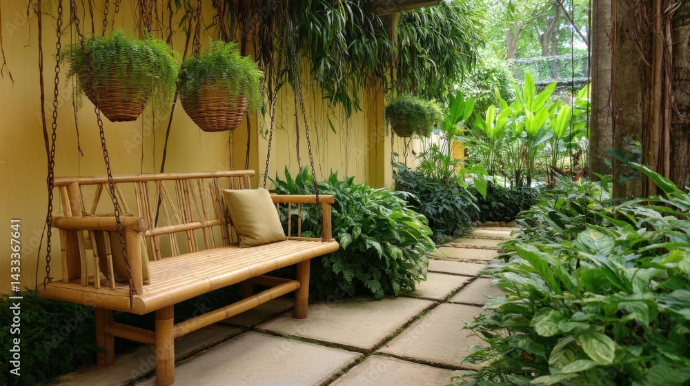 Fototapeta premium Chiang Mai tropical garden corner with bamboo bench, hanging vines, fern ground cover and filtered golden shade