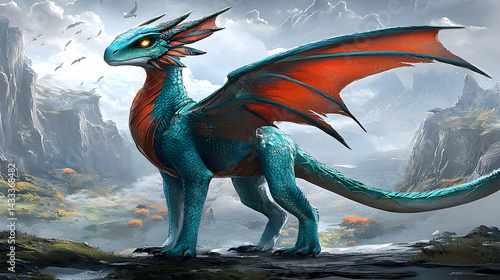 Majestic teal dragon overlooking misty mountains; fantasy illustration for gaming or book cover