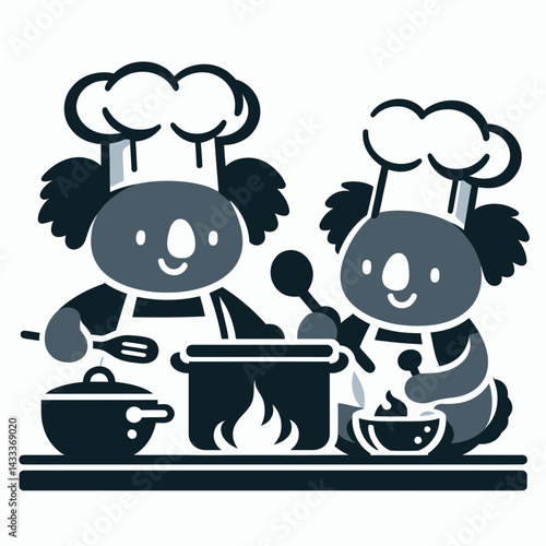 Koala Cooking together. Funny Animal Vector Clip art. Marsupial kitchen cooperation preparing delightful fare in unified fashion.