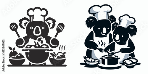 Koala Cooking together. Funny Animal Vector Clip art. Marsupial culinary venture crafting a delightful meal in kinship tasty hobby.
