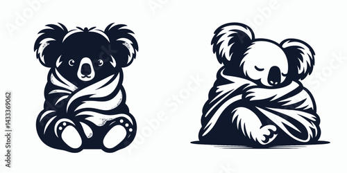 Koala Cuddling under a blanket. Funny Animal Vector Clip art. Furry australian mammal snuggling beneath soft warm textile for comfort.