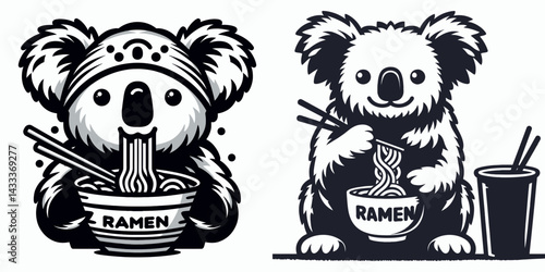 Koala eat ramen. Funny Animal Vector Clip art. Australian marsupial consume noodle broth bowl unusual diet selection.
