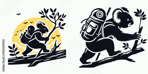 Koala hiking. Funny Animal Vector Clip art. Marsupial trek exploring nature trail alongside cute australian fauna.