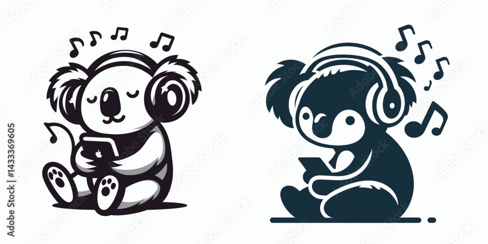 Fototapeta premium Koala Listening to music. Funny Animal Vector Clip art. Fuzzy marsupial enjoying audio entertainment eucalypt dweller absorbs sound vibe.