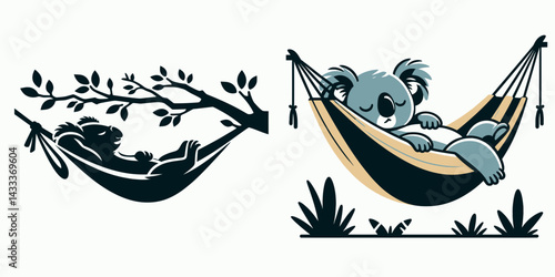 Koala Laying on a hammock. Funny Animal Vector Clip art. Adorable marsupial resting upon woven outdoor bed comfy tropical abode vibe.