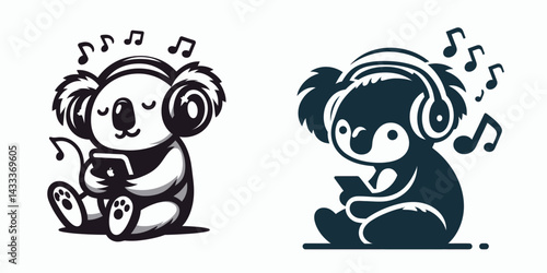 Koala Listening to music. Funny Animal Vector Clip art. Fuzzy marsupial enjoying audio entertainment eucalypt dweller absorbs sound vibe.