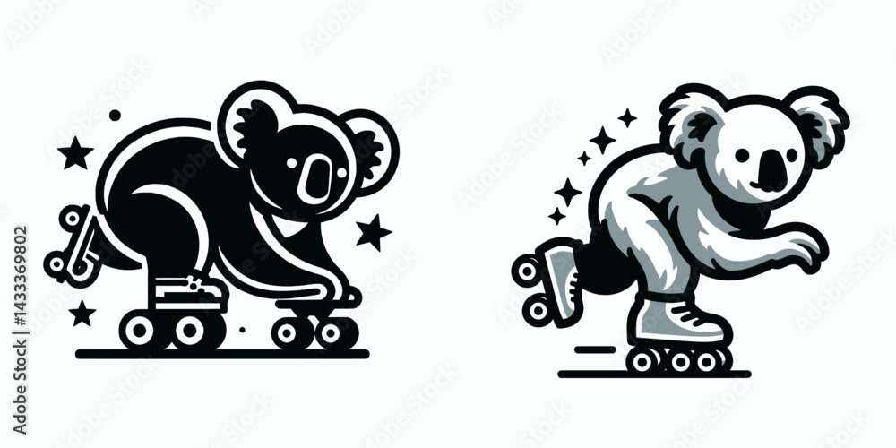 Naklejka premium Koala play roller skate. Funny Animal Vector Clip art. Marsupial enjoys wheel activity a fuzzy critter having fun with quad footwear.