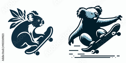 Koala play skateboard. Funny Animal Vector Clip art. Marsupial having fun rolling along board adventure leisure activity.