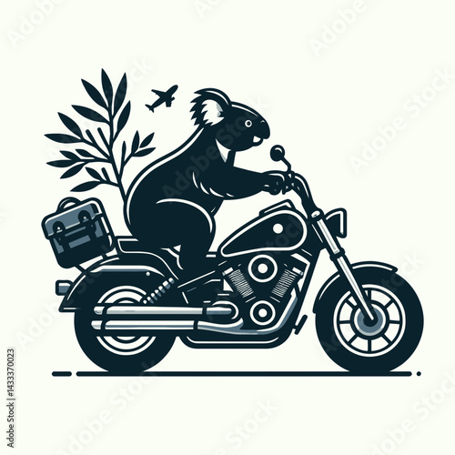 Koala ride cruiser motorcycle. Funny Animal Vector Clip art. Marsupial joyride on a touring two-wheeler open road adventures fun motoring.