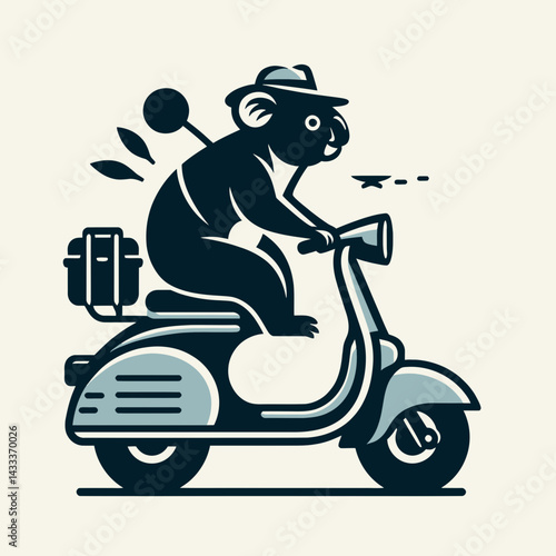 Koala ride retro scooter. Funny Animal Vector Clip art. Australian marsupial astride a vintage moped joyride on classic scoot.
