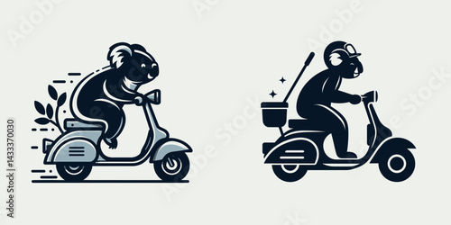 Koala ride retro scooter. Funny Animal Vector Clip art. Bear cub motoring a vintage moped quaint individual transport enjoyment.