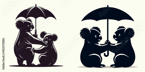 Koala Sharing an umbrella. Funny Animal Vector Clip art. Arboreal marsupial beneath protection offering canopy shelter from downpour.