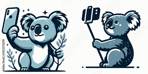 Koala Taking a selfie. Funny Animal Vector Clip art. Marsupial doing self-portrait photography with mobile phone.