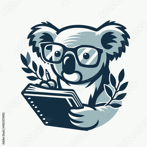 Koala wear glasses writing notebook. Funny Animal Vector Clip art. Marsupial in spectacle jotting pad for ideas creative vision and learning.