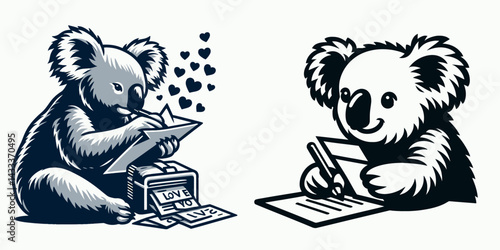 Koala Writing love letters. Funny Animal Vector Clip art. Eucalyptus bear penning affection notes a romantic gesture woodland creature dispatching yearning missive.