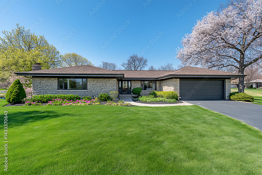 Fototapeta premium Highly detailed photograph of an upscale suburban home with a perfectly manicured lawn, showcasing the house's exterior design and landscaping in the springtime.