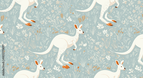 Kangaroo pattern with plants and flowers on a light blue background
