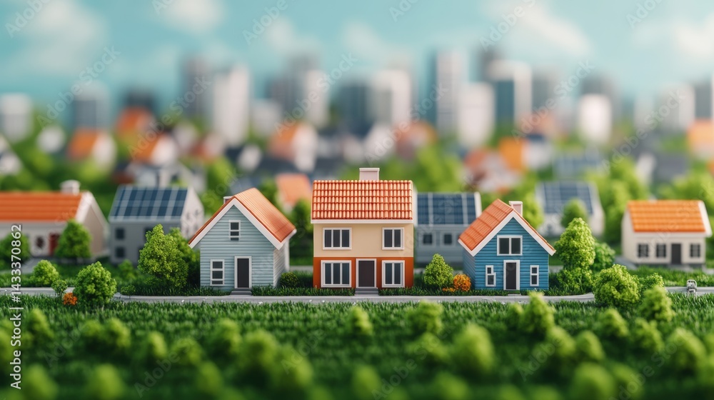 Aerial View of an Eco-Friendly City Featuring Electric Roads and Green Homes in a Vibrant Urban Landscape Aerial View of an Eco-Friendly City Featuring Electric Roads and Green Homes in a Vibrant Urban Landscape