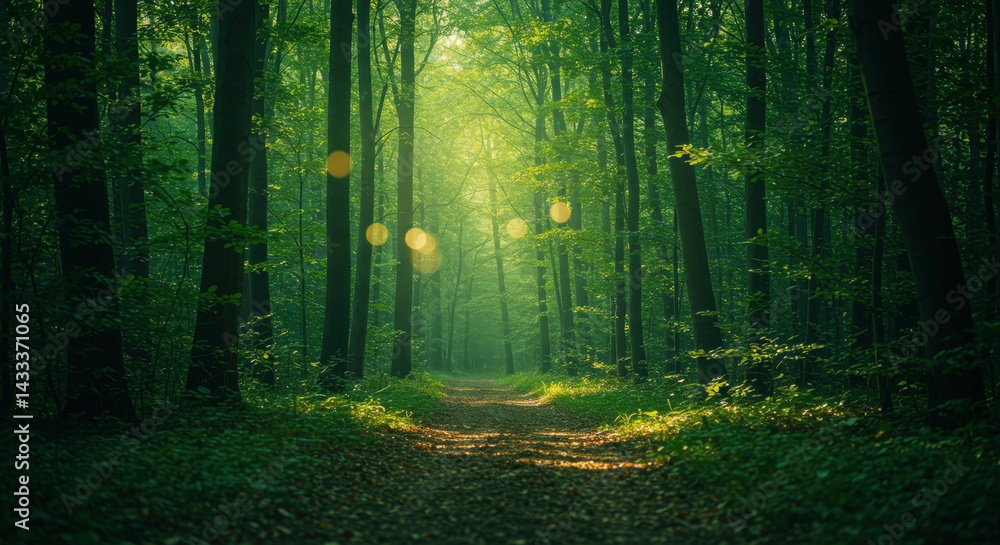 Naklejka premium Sunlight streaming through green forest trees creating magical atmosphere with golden rays. Enchanted woodland. Natural light. Environmental. Peaceful nature sanctuary. Spiritual meditation space