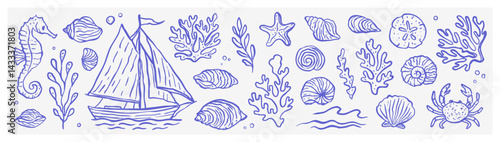 Hand-drawn sea-themed elements. Vector linear marine illustrations in a grunge style. Doodles of seashells, seaweed, a little boat, seahorse, and crab. The sea, ocean, marine animals and plants