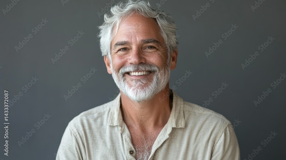 Obraz premium Senior man smiles radiantly, projecting happiness, kindness, expressing joy, hope, inner peace, contentment.