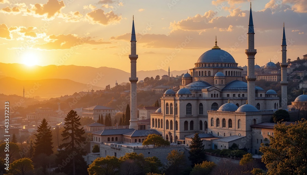 Obraz premium Scenic view of an islamic building with domes and minarets at sunset, standing amidst a city, showcasing architectural beauty.