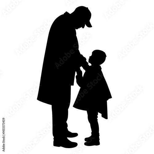 Parent lovingly draping coat over child, warmth and protection