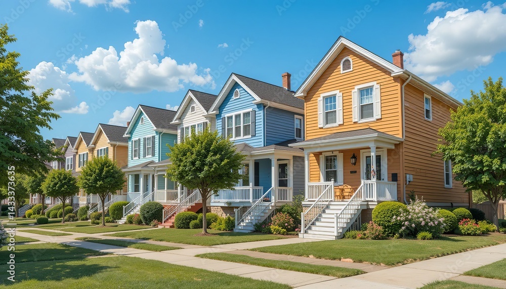 A colorful row of suburban houses gleam under a bright blue sky with fluffy white clouds in a peaceful neighborhood setting. A colorful row of suburban houses gleam under a bright blue sky with fluffy white clouds in a peaceful neighborhood setting.