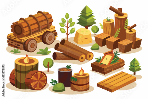 Collection set of cartoon isolated wood timber objects.