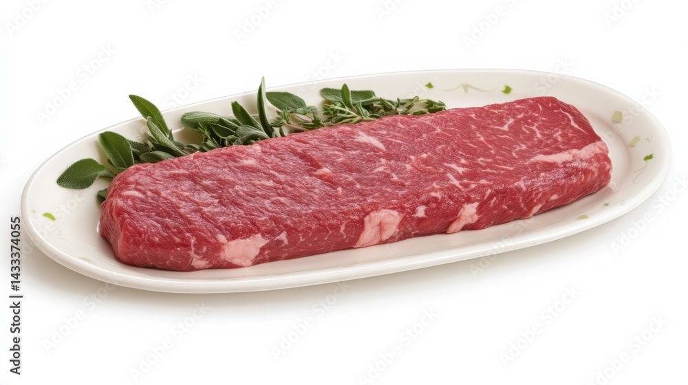 Fresh Raw Beef Steak on Plate with Green Herbs Garnish Fresh Raw Beef Steak on Plate with Green Herbs Garnish