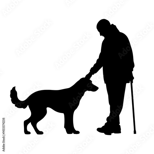 Silhouette of person guiding dog with cane, companionship and support