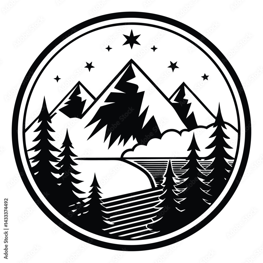 Fototapeta premium Black and White Circular Landscape Design Featuring Mountains, Trees, Stars, and River