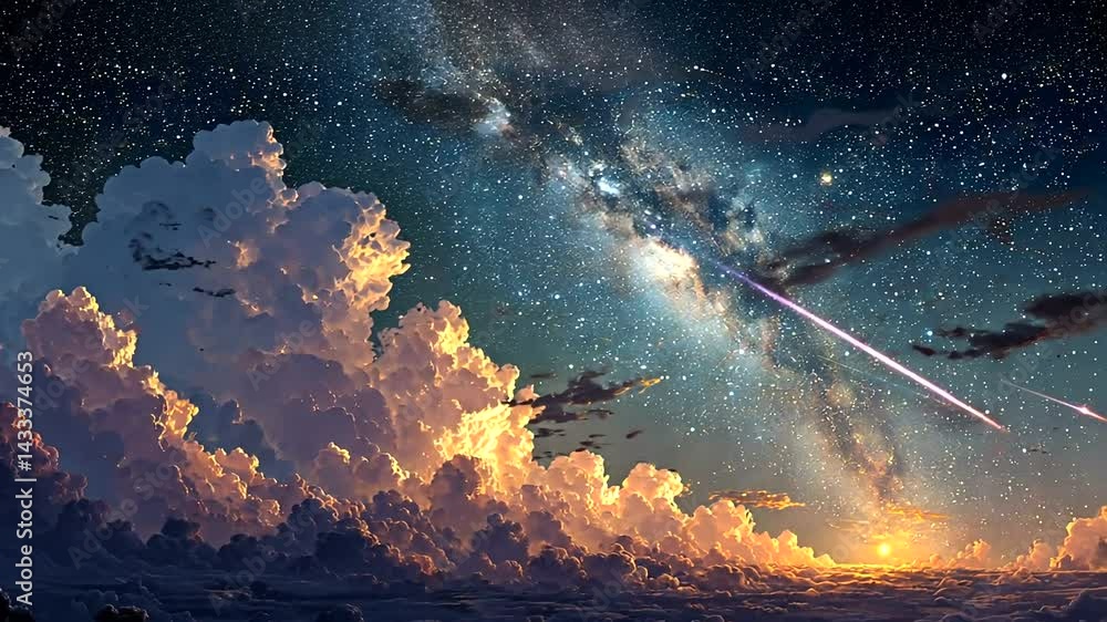 Starry Night Sky with Clouds and Shooting Stars Starry Night Sky with Clouds and Shooting Stars