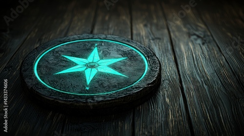 Glowing Compass Rose on Dark Wooden Surface