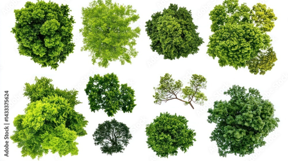 Aerial view of diverse treetops, isolated on white; nature, design, environment Aerial view of diverse treetops, isolated on white; nature, design, environment