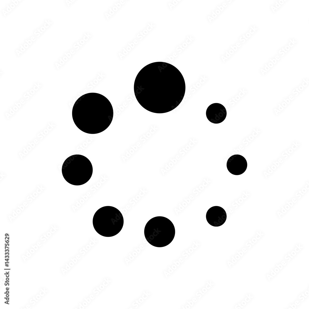 Circular arrangement of black filled circles of varying sizes on a white background forming a pattern Circular arrangement of black filled circles of varying sizes on a white background forming a pattern