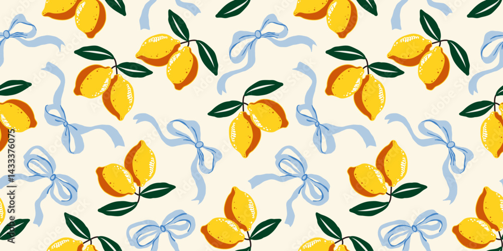 Seamless lemon pattern with flowing blue ribbons and bright citrus fruits. Hand-drawn repeat design perfect for fabric, packaging, stationery, summer decor, or cheerful kitchen prints