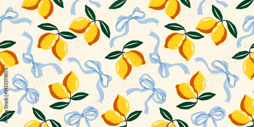 Seamless lemon pattern with flowing blue ribbons and bright citrus fruits. Hand-drawn repeat design perfect for fabric, packaging, stationery, summer decor, or cheerful kitchen prints
