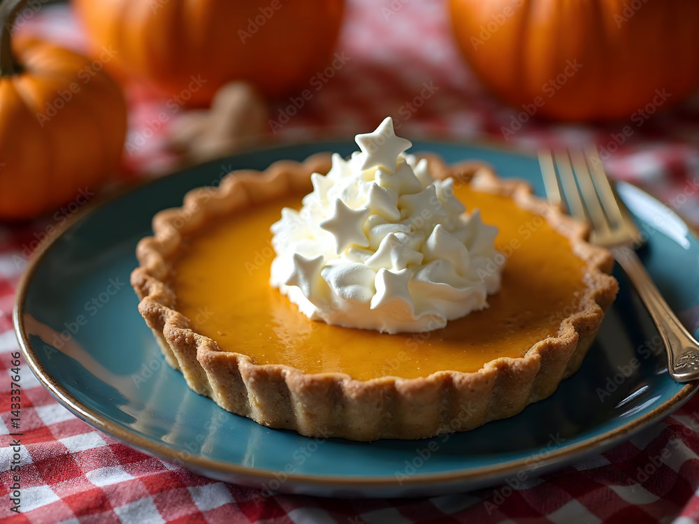Serving Pumpkin Tart with Cream and Pumpkins on Red Checkered Table Serving Pumpkin Tart with Cream and Pumpkins on Red Checkered Table