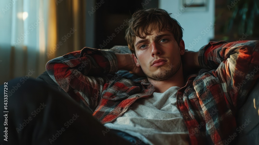 Fototapeta premium Caucasian man, twenties relaxing in armchair, hands behind head, wearing flannel shirt and t-shirt.