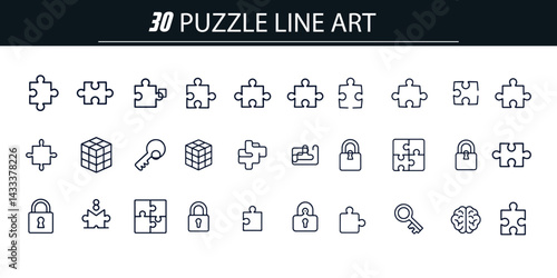 Collection of Puzzle, Key, and Lock Icons for Digital Security and Problem-Solving Themes