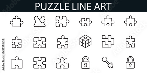 Puzzle and Lock Icon Set for Problem Solving, Security, and Digital Solutions – Editable Graphics
