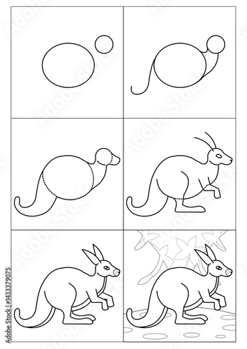 step-by-step instructions on how to draw a cartoon kangaroo. Cute image of an African animal on a forest background. online art, coloring, sketch, lesson, tutorial for children, drawing for beginners.