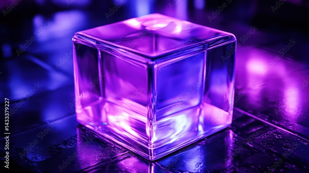 A translucent cube sits reflecting purple and blue ambient lighting A translucent cube sits reflecting purple and blue ambient lighting