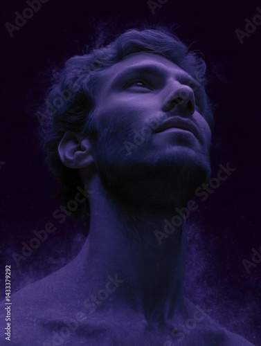 Digital portrait of a man's face and upper body. the man appears to be in deep thought or contemplation, with his eyes closed and his head tilted upwards.